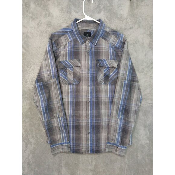PrAna Shirt Mens Large Gray Plaid Midas Long Sleeve Organic Cotton Button up - Picture 1 of 10